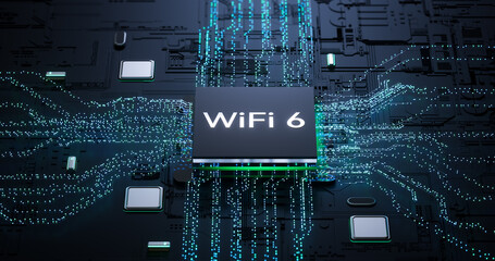 3D rendering of WiFi 6 chip on printed circuit board for next - gen wireless technology concepts