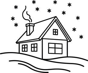 Cozy house nestled in snowy landscape with falling snowflakes