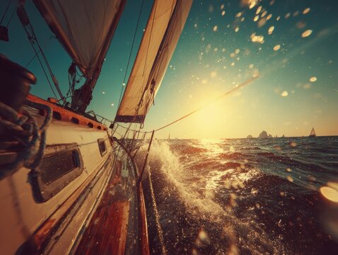 Sailboat slicing through rough ocean waters, illuminated by a bright sunset. Water splashes, creating a sense of speed and adventure on the sea