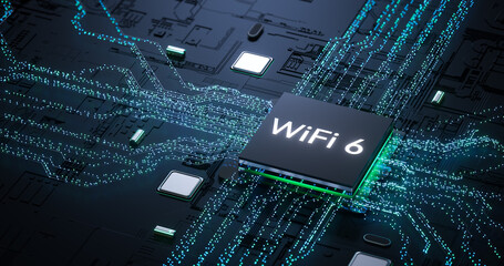 Digital art depicting WiFi 6 technology on futuristic circuit board with illuminated electronic connections for tech design