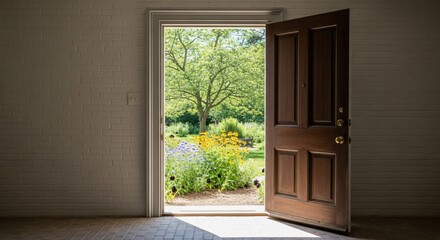 Open Door Reveals Vibrant Garden and Lush Green Tree