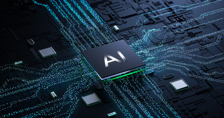 3D Rendering of AI Processor Chip on High - Tech Circuit Board for Tech and Innovation Concept Visuals
