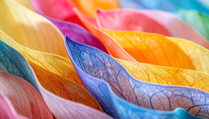 The overlapping colorful petals create a rich texture and interesting pattern. The veining details on the blue petals stand out, adding depth and focus to the abstract composition