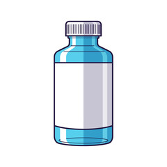 Fototapeta premium A clear, blue medicine bottle with a white label and a silver cap, isolated.