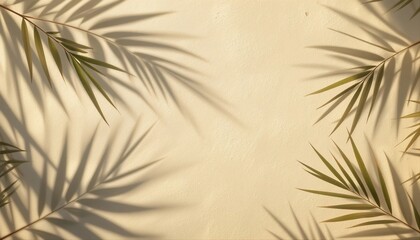 Palm Leaf with Shadow Overlay on Plaster Wall with Central Negative Space