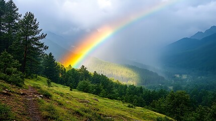 Vibrant Rainbow Arches Over Forested Valley, Mountain Vista, and Scenic Hiking Trail Landscape