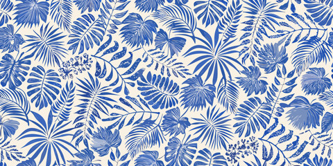 Seamless pattern of blue tropical leaves and flowers on a cream background © Lalin