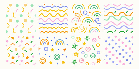 Collection of playful abstract patterns with colorful shapes and simple doodle elements on a white background
