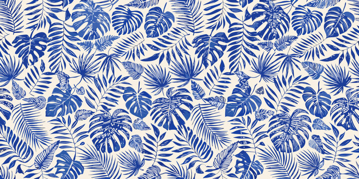 Seamless pattern of blue tropical leaves on a cream background