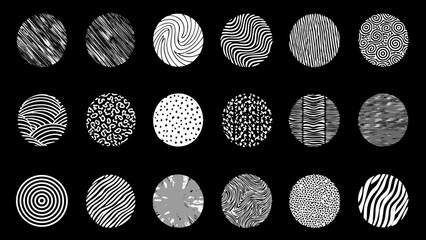 Collection of diverse black and white circular abstract patterns and textures on a black background © Lalin