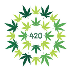 A circular mandala pattern of cannabis leaves in varying shades of green, with the number '420' in the center.