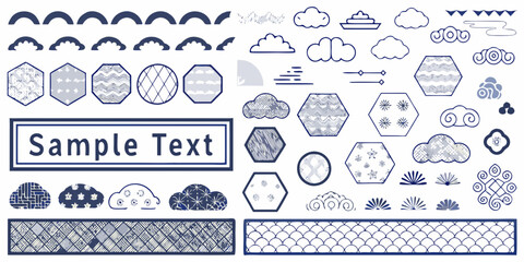 Collection of japanese inspired decorative elements including clouds geometric shapes and borders in blue and white