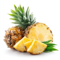 Pineapple whole, halved, & sliced. Yellow flesh, spiky rind, green leaves isolated on white. Close-up