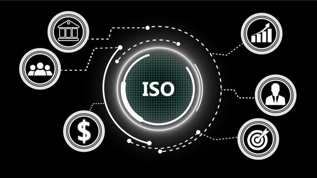 A ISO concept button on a futuristic .Business, Technology and network concept. successful business concept on black background with alpha channel. 4k video animation