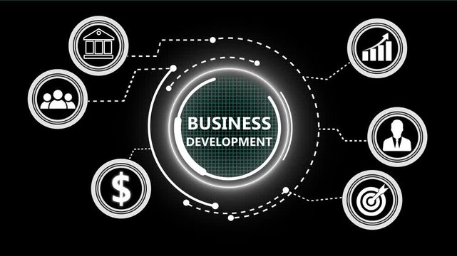 A Business Development concept button on a futuristic .Business, Technology and network concept. successful business concept on black background with alpha channel. 4k video animation