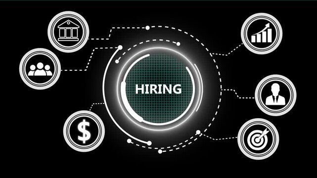 A Hiring concept button on a futuristic .Business, Technology and network concept. successful business concept on black background with alpha channel. 4k video animation