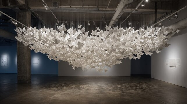Gallery showcasing hanging paper butterflies art installation; dim lighting casts soft shadows on walls and concrete floors