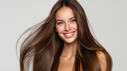 Beautiful model with long, shiny hair, natural smile, posing for a shampoo advertisement. Healthy, shiny hair, clean, bright background, soft studio lighting.