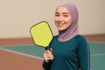 Smiling Malay woman in hijab holding pickleball paddle with copy space