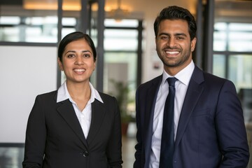 Professional corporate photograph of a smiling man and woman in business attire