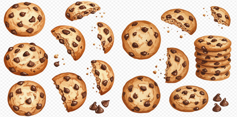 A delicious assortment of illustrated chocolate chip cookies, shown whole, broken in half, and stacked with crumbs.