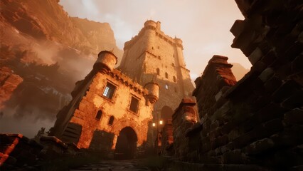 An ancient castle stands in the mountains, surrounded by mist, fully showing mystery and solemnity.