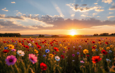 Vibrant sunset over a sprawling field of wildflowers in full bloom.  Golden hour light bathes the colorful blossoms, creating a serene and peaceful landscape.