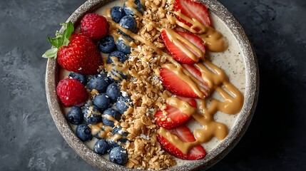 Delicious smoothie bowl topped with strawberries, blueberries, granola and drizzled peanut butter, served in a rustic bowl. Perfect healthy breakfast food photo created for Peanut Butter Lovers Month.