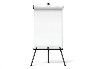 A standing flip chart with blank white pages atop a three-legged stand, isolated on a white background