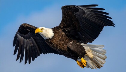 Fototapeta premium Majestic bald eagle soaring against a vibrant blue sky