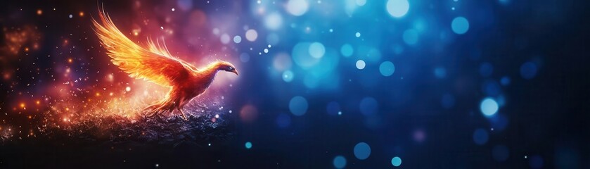 Vibrant fiery phoenix soa through a starry blue night sky with glowing embers and sparkling light orbs creating a mystical and dynamic fantasy scene
