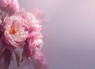 Softly lit, pink peony blossoms cluster together, fading into a gentle, gradient background of purples and pinks with leaves in view