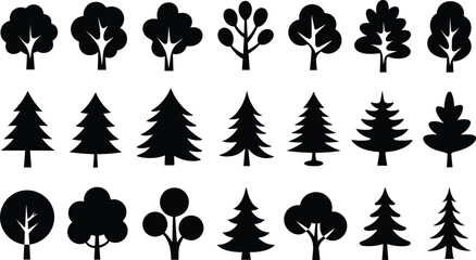Stylized Tree Silhouettes Vector Set – Abstract Conifer and Deciduous Tree Icons for Nature, Forest, and Landscape Design