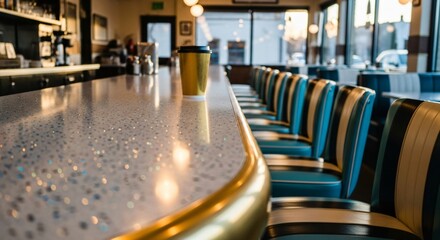 Retro Diner Booth Seating with Coffee Cup on Counter