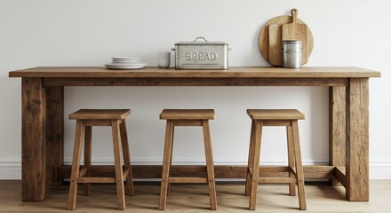 温かい木目 長テーブル 三脚椅子 並ぶ 自然光照らす 素朴なキッチン. AI Generated