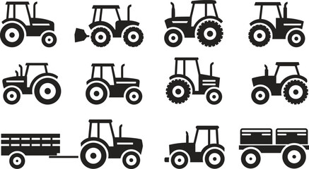 Tractor and Trailer Silhouette Vector Set, Farming Vehicles Icons, Agricultural Machinery Clipart, Black Farm Equipment Illustration Pack