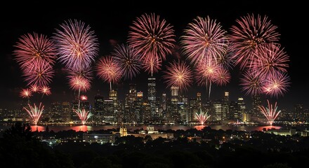 Fireworks over New York City skyline at night