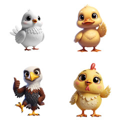 Fototapeta premium Cute 3D Cartoon Birds Set – Eagle, Chicken, Duck, White Dove with Transparent Background