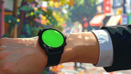 A close-up of a person's wrist wearing a black smartwatch with a bright green screen, set against a blurred outdoor urban background.
