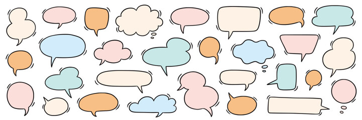 Speech bubble doodle talk set. Hand drawn comic doodle style dialog balloon, thought cloud speech bubble element pack. Cartoons speak of conversation elements. Vector illustration
