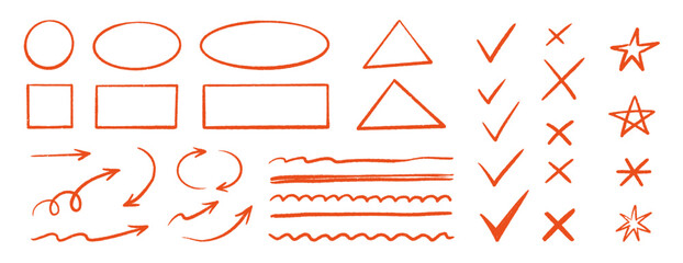 Pen red emphasis set. Hand drawn crayon check marks, speech bubbles, punctuation symbols and comic lightning signs for teacher highlights. Hand drawn red emphasis marker shapes. Vector illustration