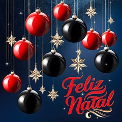 Feliz Natal Christmas Ornaments and Stars on Dark Blue Background holiday greeting