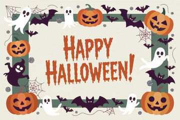 Happy Halloween Greeting Card with Cute Ghosts, Pumpkins, and Bats – Generative AI