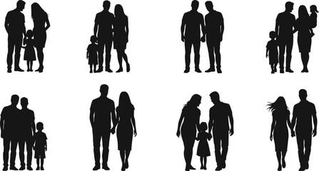 Silhouettes of diverse families with children walking together holding hands parents and kids love unity concept vector illustration