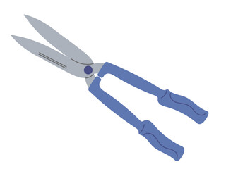 Garden shears with blue handles for trimming plants and shrubs in a home garden setting