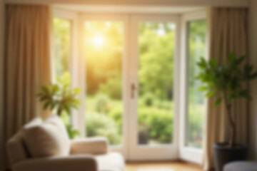 abstract blurred window in living room with garden view and sunlight for background concept.