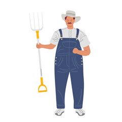 Farmer holding a pitchfork in overalls with a straw hat on a sunny day