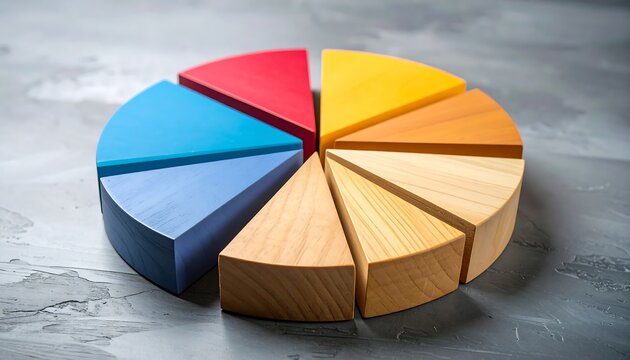 Colorful wooden pie chart on a gray surface - Powered by Adobe