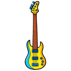 Cartoon illustration of a vibrant yellow and blue electric bass guitar