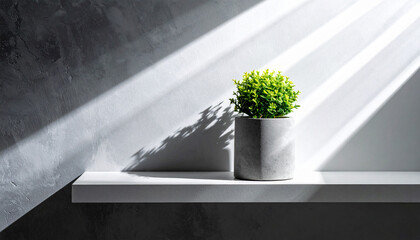 Serene Sunlight on Home Decor: A minimalist scene showcases a potted plant basking in the play of light and shadow on a sleek shelf, celebrating simple elegance.